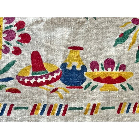 Mexican Table Runner 42X16.5 Nubby White Cotton w/ Red Green Yellow Blue VTG MCM - Picture 4 of 10